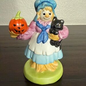 Vintage Scarecrow Figurine with Pumpkin and Cat